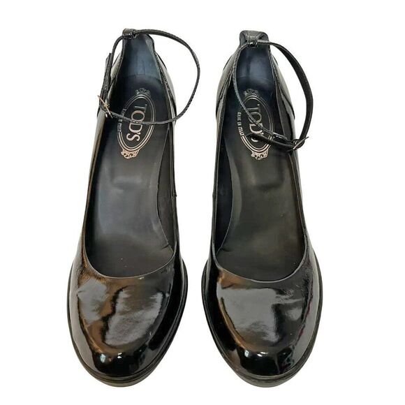 Tod's Black Patent Leather Block Heel Pumps with Ankle Strap - Picture 2 of 10